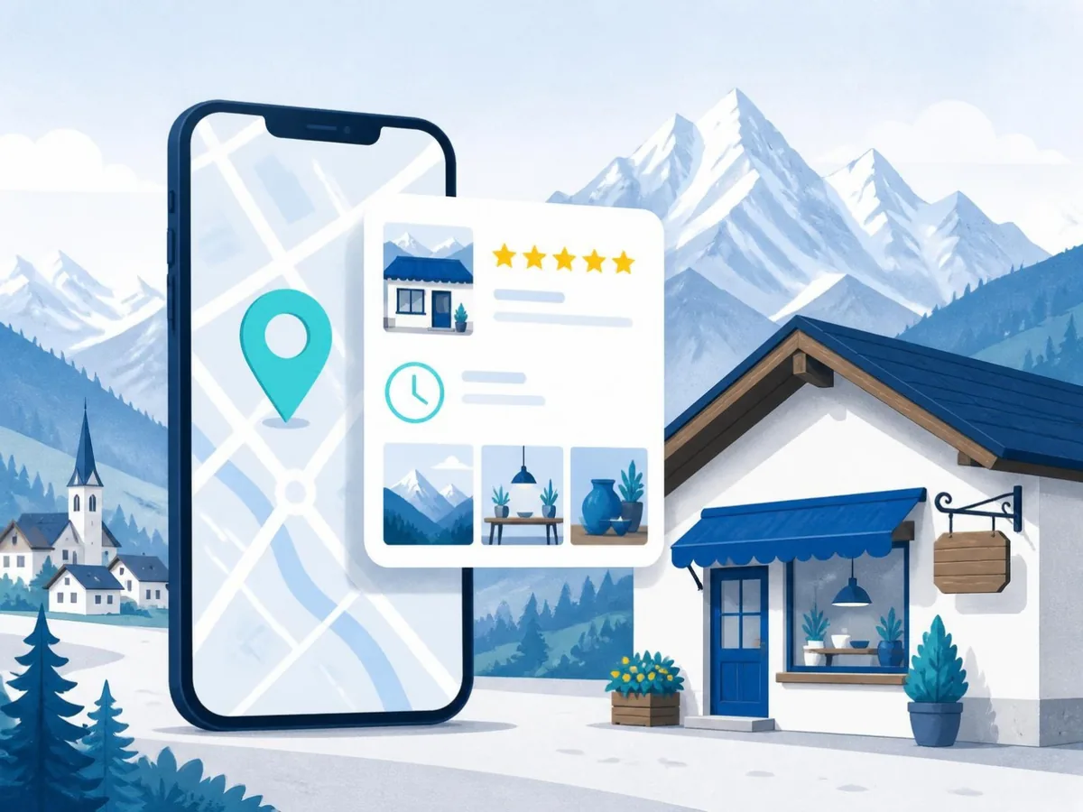 Illustration: Smartphone mit Kartenausschnitt, Standortnadel und Bewertungssternen vor einer Tiroler Bergkulisse
