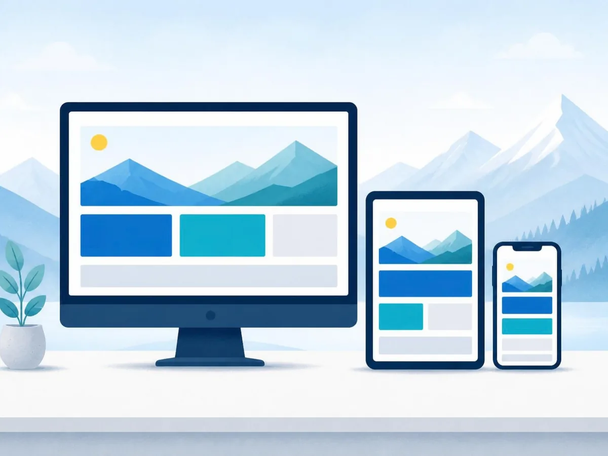 Illustration: dieselbe Website auf Bildschirm, Tablet und Smartphone