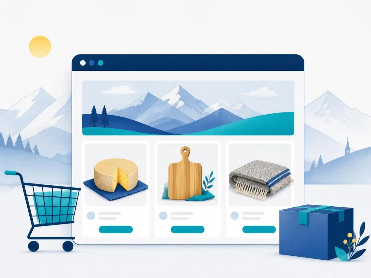 Illustration: Online-Shop im Browser mit Warenkorb und regionalen Produkten