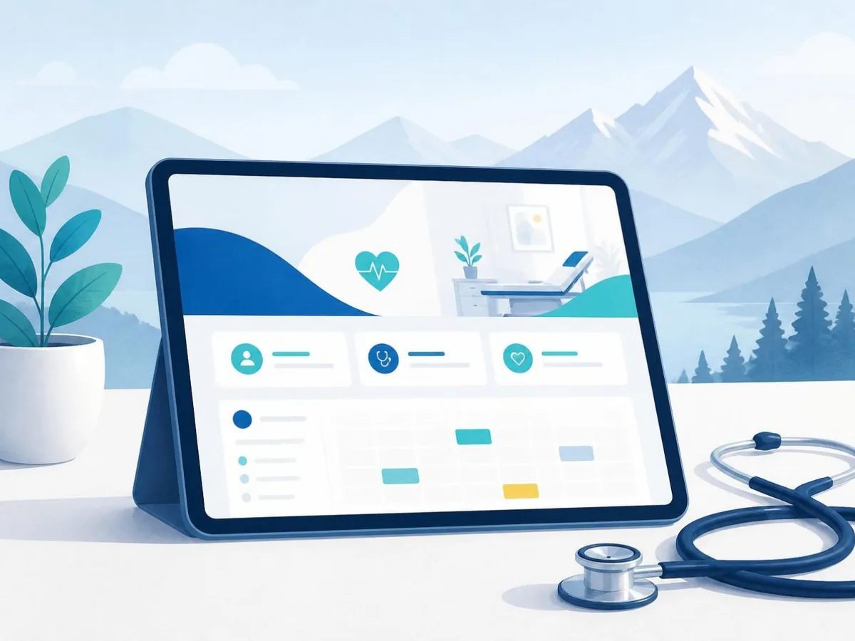 Illustration: Praxis-Website mit Terminkalender und Stethoskop