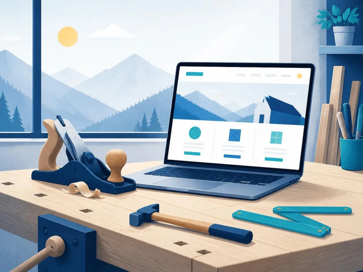 Illustration: Werkzeug auf einer Werkbank vor einem Laptop mit Handwerker-Website