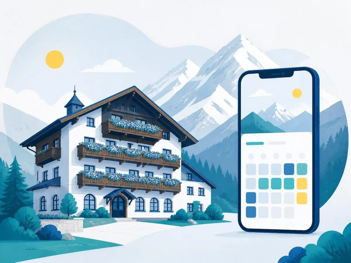 Illustration: Alpenhotel mit Balkonen, daneben ein Buchungsfenster auf dem Smartphone