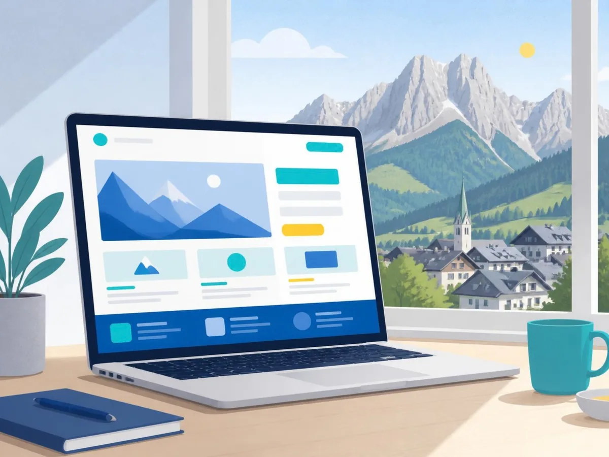 Illustration: Laptop mit Website-Entwurf vor einem Fenster mit Blick auf eine Tiroler Bergkulisse