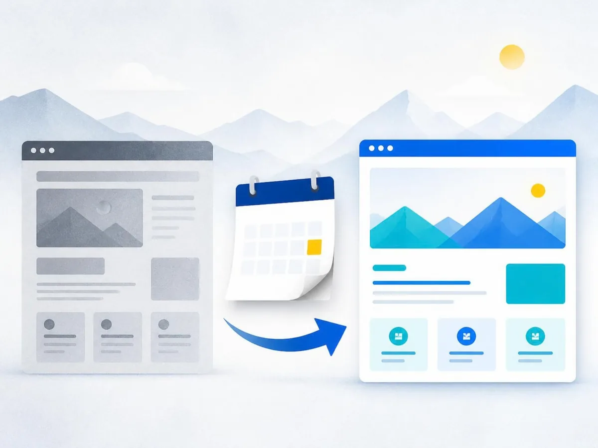 Illustration: alte und neue Website nebeneinander, dazwischen ein Kalender