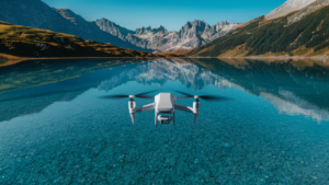Drohne fliegt über spiegelglatten Bergsee in der Tiroler Landschaft