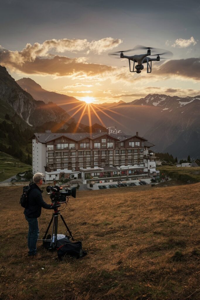 Kameramann filmt Hotel mit Drohne bei Sonnenuntergang in den Alpen