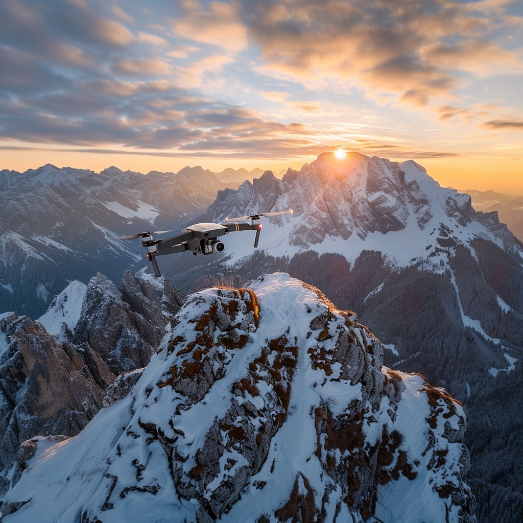 Drohne über schneebedeckten Alpen bei Sonnenaufgang in Tirol, felsige Gipfel und goldene Sonnenstrahlen im Hintergrund.