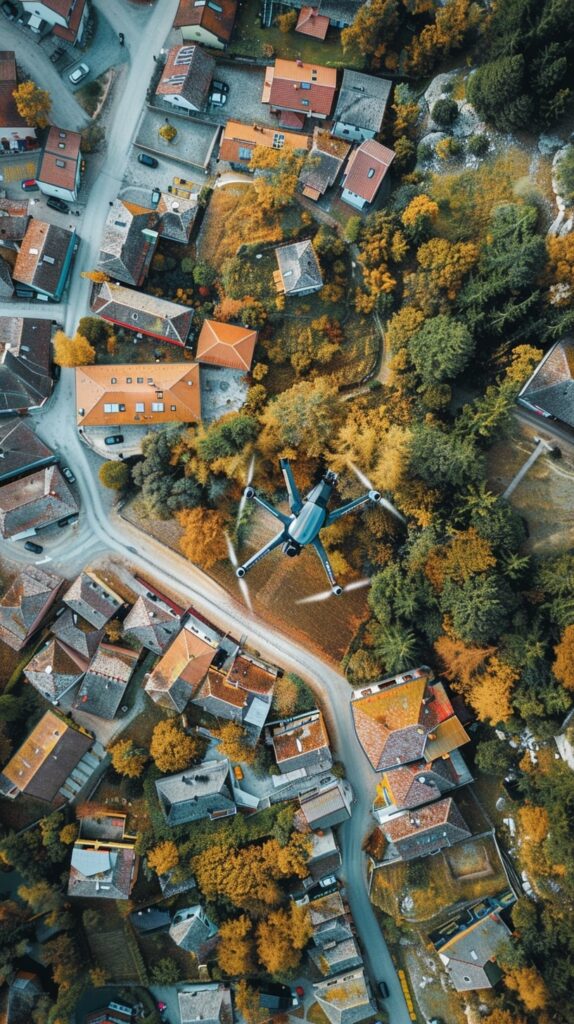 Drohne schwebt über herbstlichem Dorf in Tirol, mit orange-goldenen Bäumen und traditionellen roten Dächern. SEO Bildtitel: Herbstlicher Drohnenflug über ein Tiroler Dorf – Aerial V