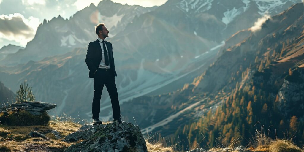 Ein Unternehmensberater im Anzug steht in einer dramatischen Berglandschaft in Tirol und blickt in die Ferne.