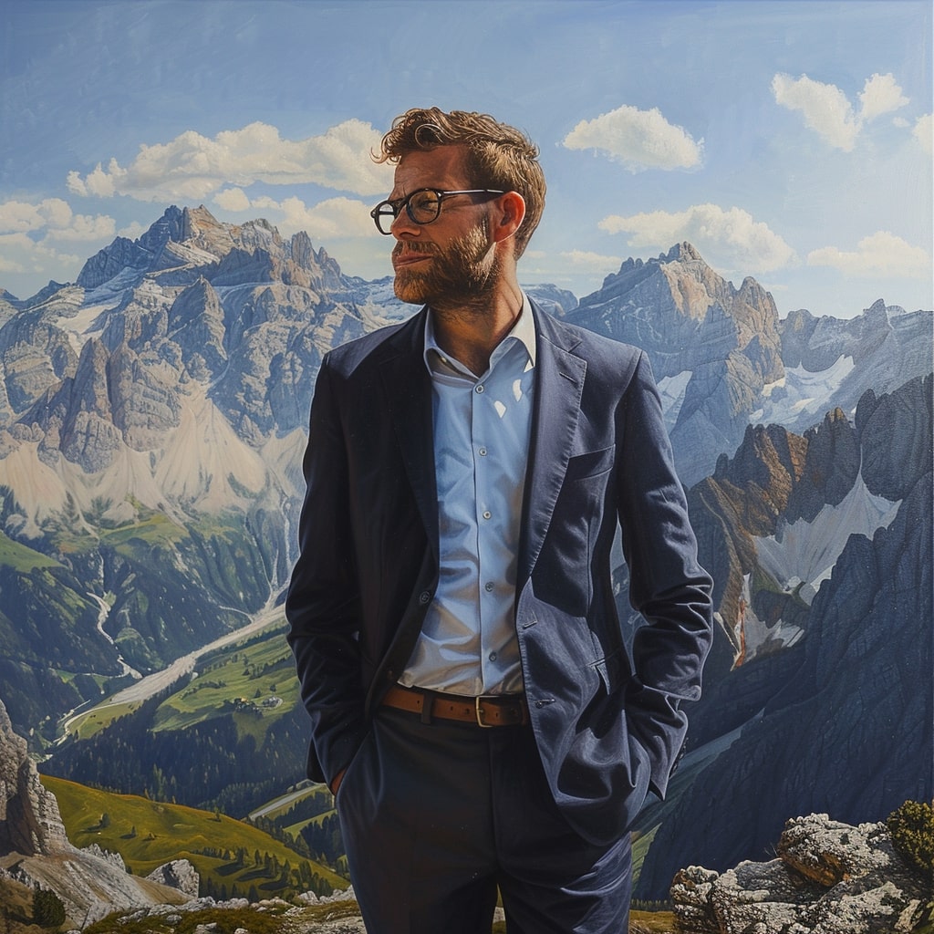 Ein Unternehmensberater im Anzug steht vor einer beeindruckenden Berglandschaft in Tirol.