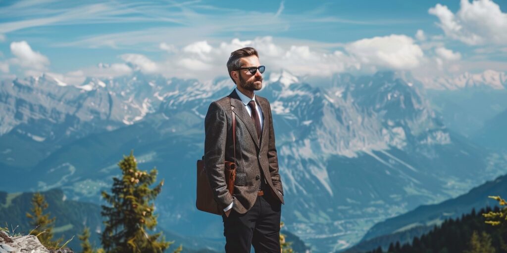 Ein Unternehmensberater im Anzug steht vor einer malerischen Berglandschaft in Tirol mit einer Aktentasche.