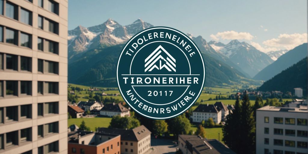 Logo of Tiroler Unternehmenswerte with Tyrolean Alps and modern office building in the background.