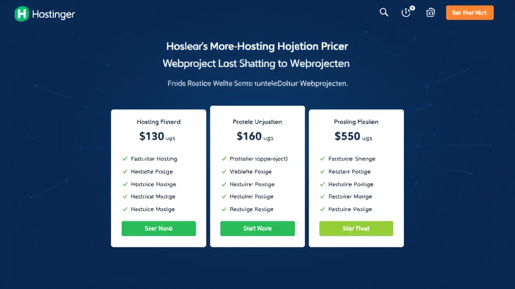 Darstellung der Hostinger-Website mit Preisen, angebotenen Hosting-Plänen, Sicherheitsmerkmalen und einer Benutzeroberfläche für die einfache Verwaltung von Webprojekten.
