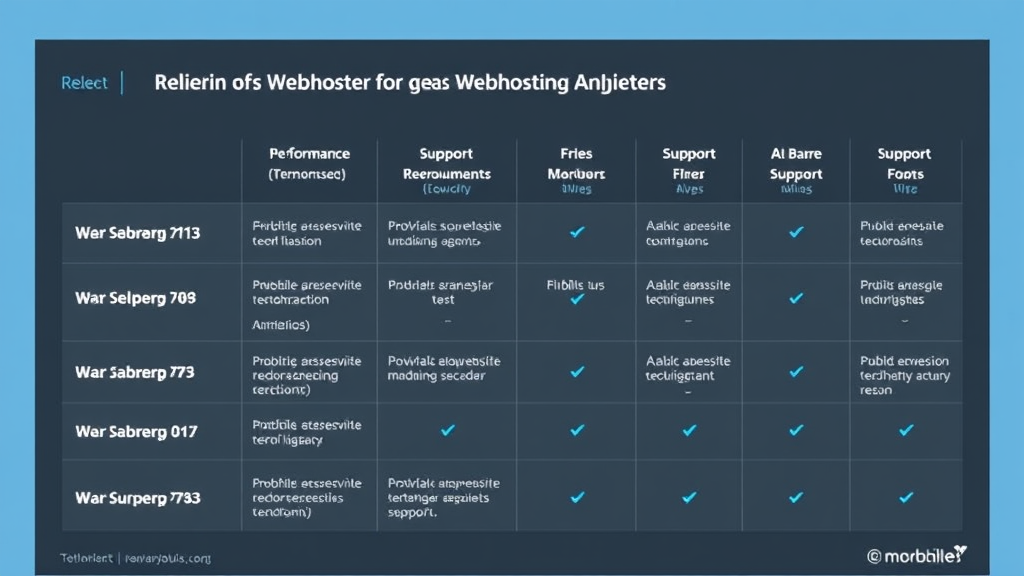 Grafik mit verschiedenen Kriterien für die Auswahl eines Webhosting-Anbieters, einschließlich Performance, Sicherheit, Support und Preis-Leistungs-Verhältnis.