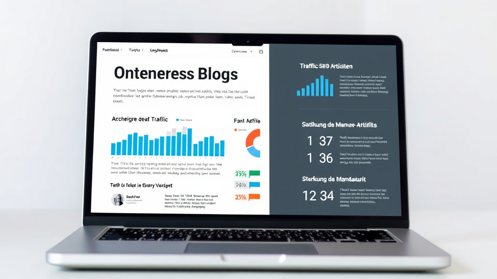 Abbildung eines Unternehmensblogs auf einem Laptop-Bildschirm mit Grafiken zu Traffic, SEO-Statistiken und Fachartikeln zur Stärkung der Markenautorität.