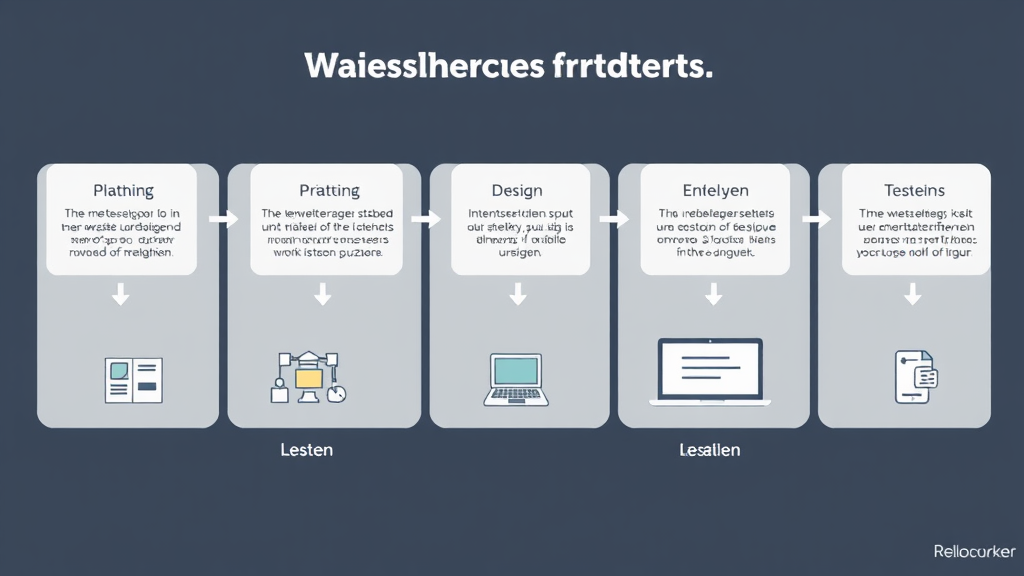 Grafik, die den mehrstufigen Prozess der Website-Erstellung zeigt, inklusive Planung, Design, Inhaltserstellung, Entwicklung, Testen und Veröffentlichung.