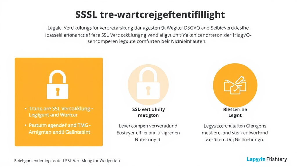 Grafik, die die Bedeutung der SSL-Verschlüsselung für Webseiten darstellt, einschließlich der DSGVO und TMG-Anforderungen sowie rechtlicher Konsequenzen bei Nichteinhaltung.