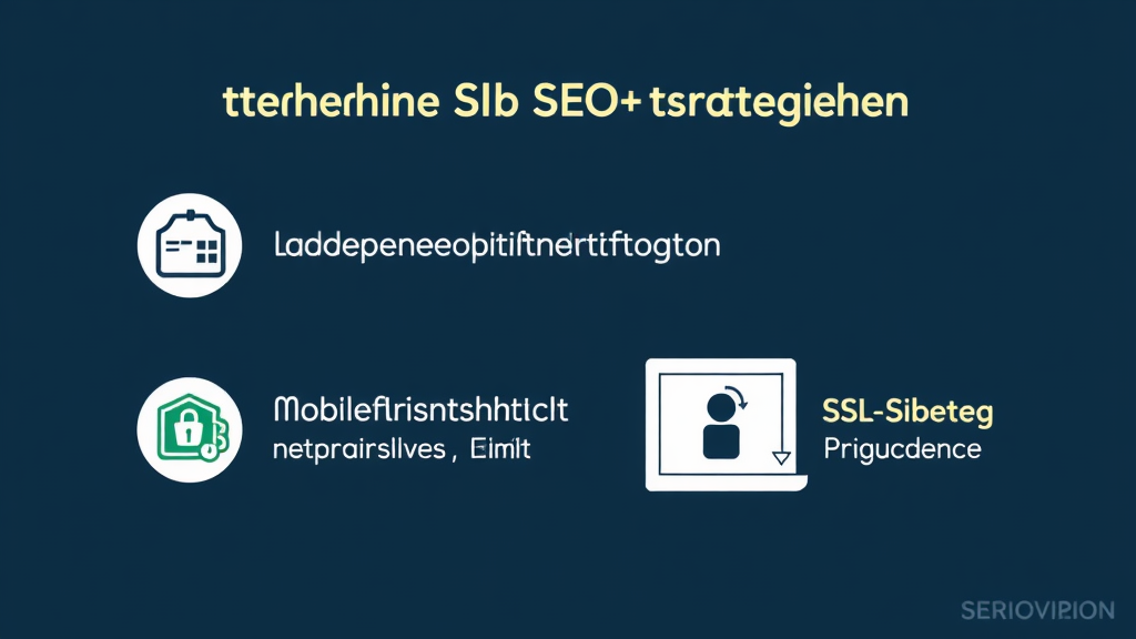 Grafik, die verschiedenen technische SEO-Strategien zeigt: Ladezeitenoptimierung, Mobilfreundlichkeit durch responsives Design und SSL-Sicherung mit HTTPS.