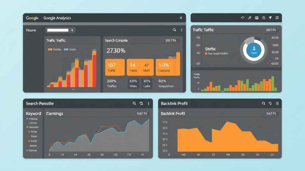Grafik eines Dashboards mit SEO-Analyse-Tools wie Google Analytics, Search Console und Sistrix, das Traffic, Keyword-Rankings und Backlink-Profil zeigt.