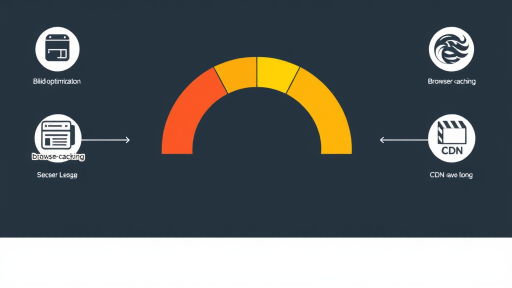 Grafik eines Ladefortschrittsbalkens auf einer Webseite, umgeben von Symbolen für Bildoptimierung, Browser-Caching und CDN, die schnelle Ladezeiten symbolisieren.