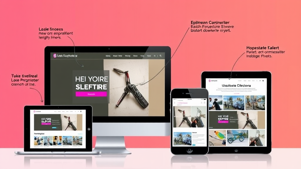 Grafik eines responsiven Webdesigns auf verschiedenen Geräten, mit Fokus auf SEO-Elementen wie Ladezeiten, Benutzerfreundlichkeit und optimierten Bildern.