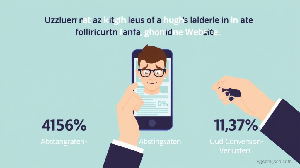 Grafik mit Smartphone-Nutzern, die frustriert auf eine langsam ladende Website warten, und hervorgehobenen Statistiken zu Absprungraten und Conversion-Verlusten.