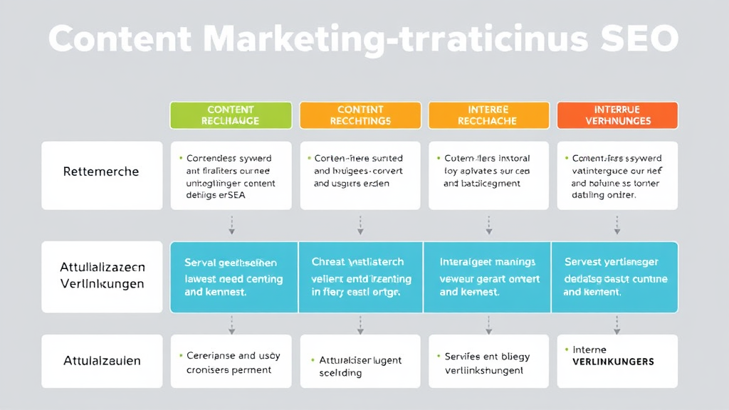 Grafik zur Darstellung von Content-Marketing-Strategien für SEO, inklusive Keyword-Recherche, Inhaltsqualität, Aktualisierungen und interne Verlinkungen.