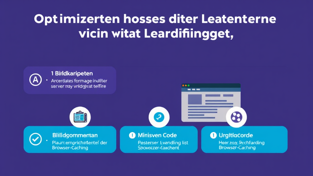 Grafik zur Optimierung der Ladezeit von Landingpages mit Tipps wie Bildkomprimierung, Minimierung von Code und Nutzung von Browser-Caching.
