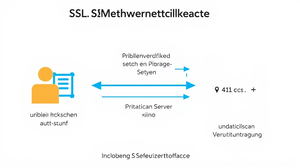 Grafische Darstellung des SSL-Verschlüsselungsprozesses, der den Austausch von öffentlichen und privaten Schlüsseln zwischen Client und Server zeigt, einschließlich Sicherheitszertifikat und Datenübertragung.
