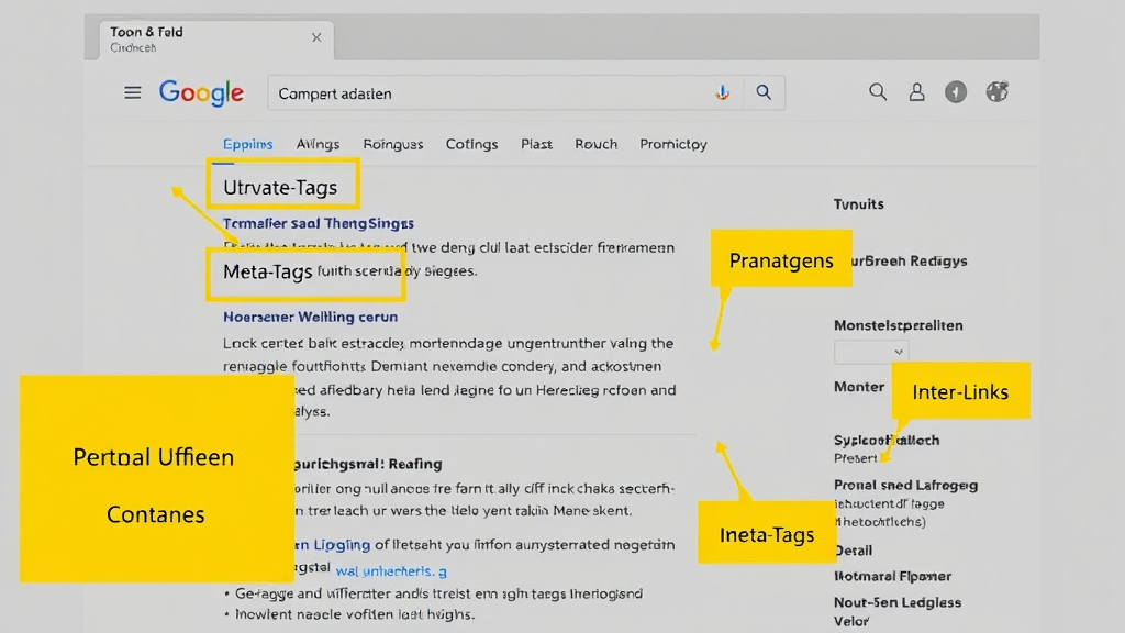 Grafische Darstellung einer Webseite mit hervorgehobenen Bereichen für Inhalte, Meta-Tags und interne Links, die die On-Page-Optimierung für SEO veranschaulichen.