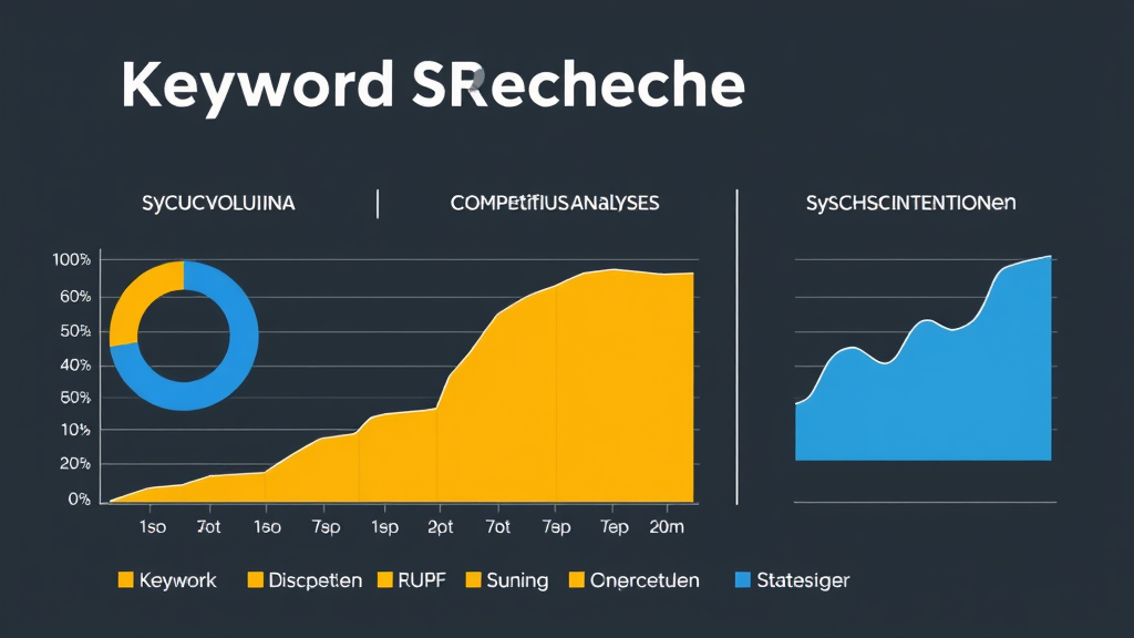 Illustration einer Keyword-Recherche, die Grafiken von Suchvolumina, Wettbewerbsanalysen und Suchintentionen darstellt, um erfolgreiche SEO-Strategien zu visualisieren.