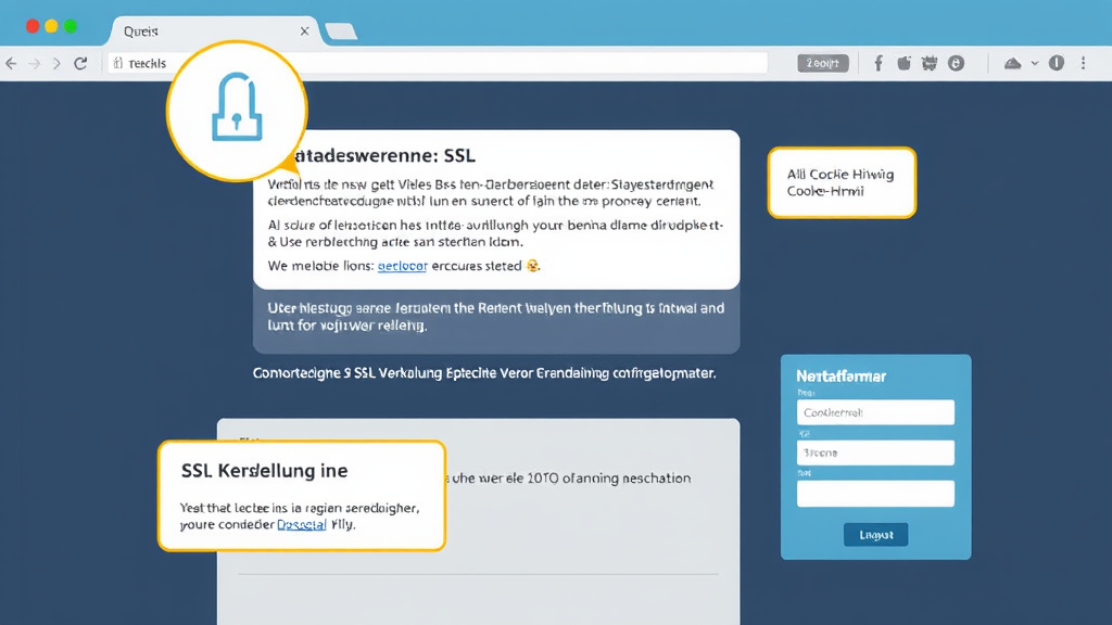 Illustration einer Unternehmenswebsite mit hervorgehobenen Bereichen: Datenschutzerklärung, SSL-Verschlüsselung, Cookie-Hinweis und Kontaktformular, alles im Einklang mit der DSGVO.