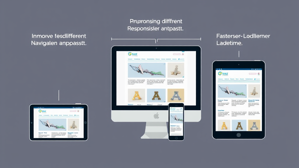 Illustration einer responsiven Website, die sich an verschiedene Bildschirmgrößen anpasst, mit verbesserten Navigationselementen und schnellerer Ladezeit.
