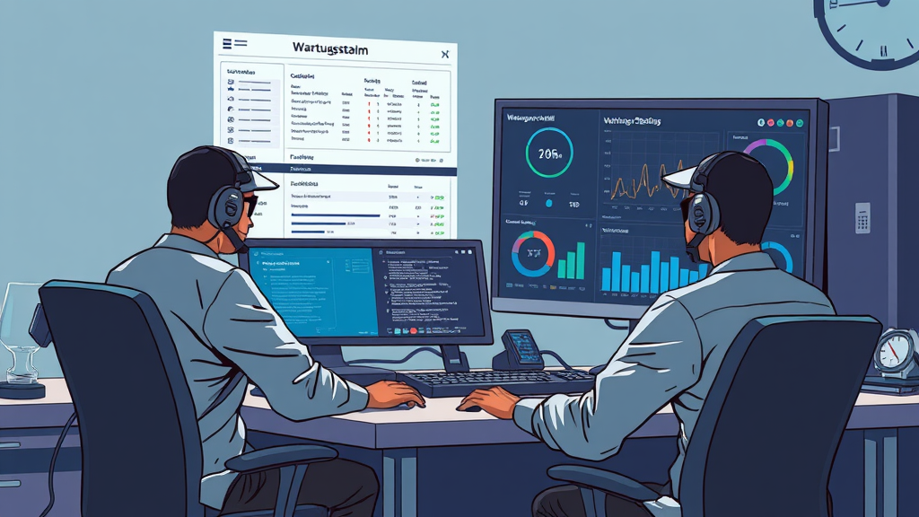 Illustration eines Wartungsteams, das an einem Computer arbeitet, während auf dem Bildschirm Wartungsprotokolle und Leistungsmessungen angezeigt werden.