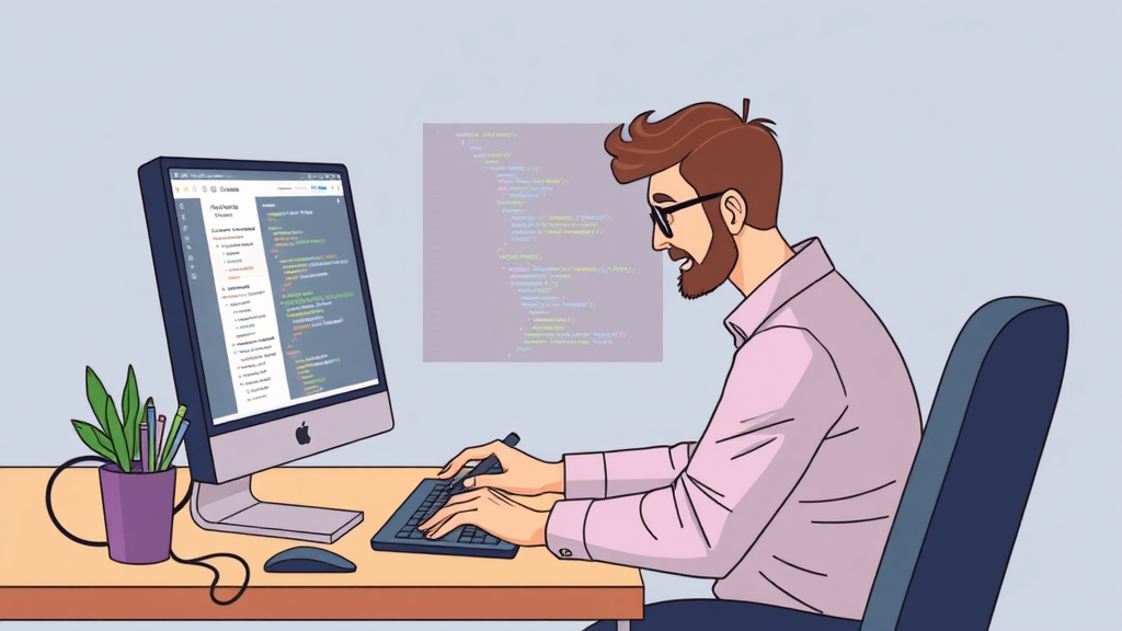 Illustration eines Webentwicklers, der an einem Computer arbeitet, um Frontend- und Backend-Code zu schreiben, um eine Webseite zu erstellen.