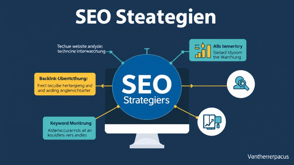 Infografik, die SEO-Strategien zeigt, einschließlich technische Website-Analyse, Backlink-Überwachung, Keyword-Monitoring und Nutzung von Analysetools.