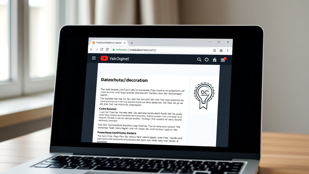 Laptop-Bildschirm mit geöffnetem Webbrowser, der eine Datenschtuz­erklärung, Cookie-Banner und SSL-Zertifikat anzeigt, symbolisiert rechtliche Konformität der Website.