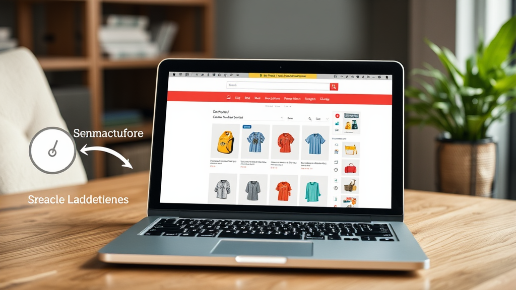 Online-Shop auf einem Laptop mit sichtbar schnellem Seitenaufbau, schnelle Ladezeiten verdeutlicht durch ein Ladebalken-Symbol und zufriedene Nutzerinteraktionen.