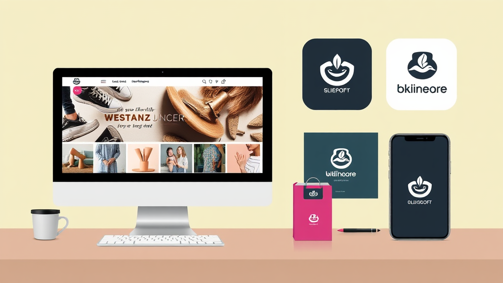 Online-Shop mit einheitlichem Branding: konsistente Logos, Farbpalette und Schriftarten auf Website und Werbematerialien zur Steigerung der Wiedererkennung.
