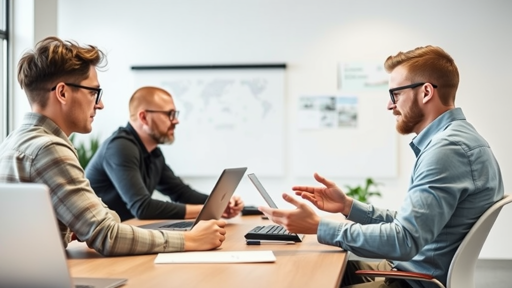 Webdesigner und Webentwickler arbeiten an einem Projekt zusammen, besprechen Designs und technische Aspekte in einer kreativen Arbeitsumgebung.
