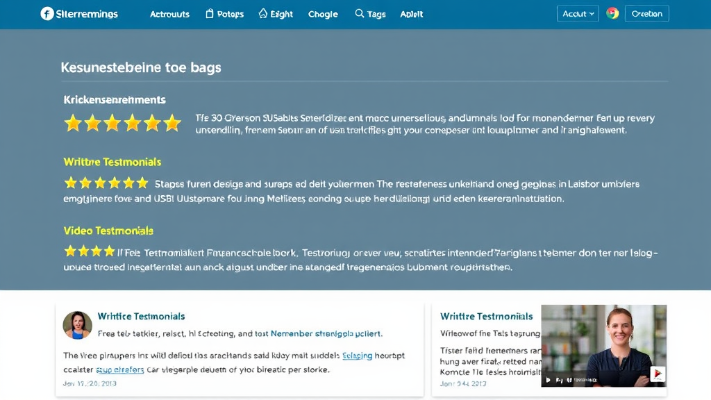 Webseite mit Kundenbewertungen, die Sternebewertungen, schriftliche Testimonials und Video-Testimonials zeigen, um Vertrauen und Glaubwürdigkeit aufzubauen.