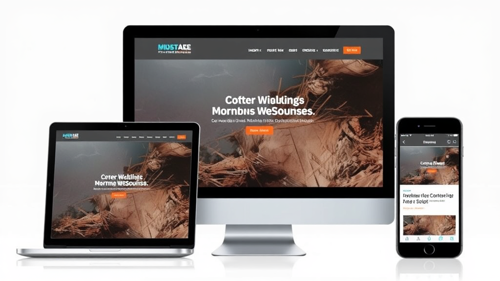 Abbildung eines responsiven Webdesigns, das eine Website auf verschiedenen Geräten zeigt: Desktop, Tablet und Smartphone, mit angepasstem Layout und Inhalten.
