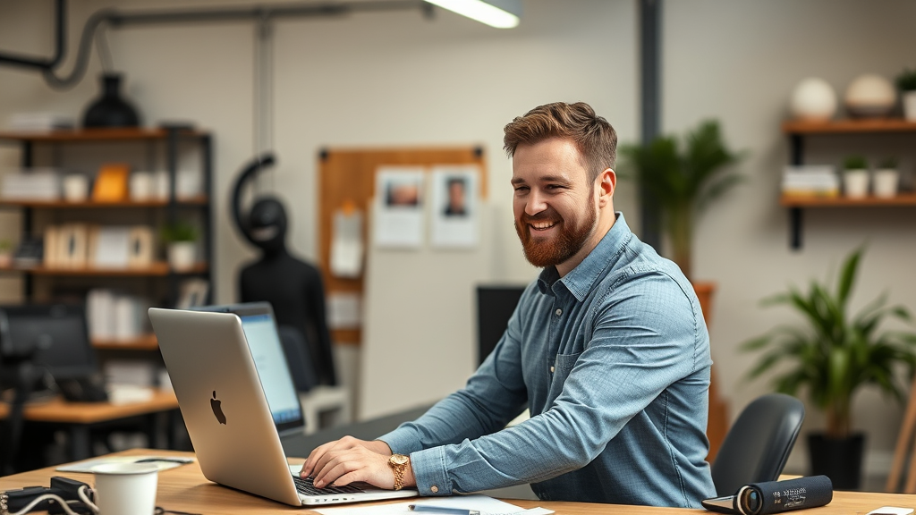 Bild eines Physiotherapie-Webdesigners am Arbeitsplatz, der an einer modernen Website arbeitet, mit Fokus auf Benutzerfreundlichkeit und ansprechendem Design.