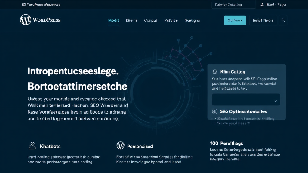 Darstellung einer WordPress-Website, die KI-gestützte Funktionen zeigt, wie Chatbots, personalisierte Inhalte und SEO-Optimierungstools.