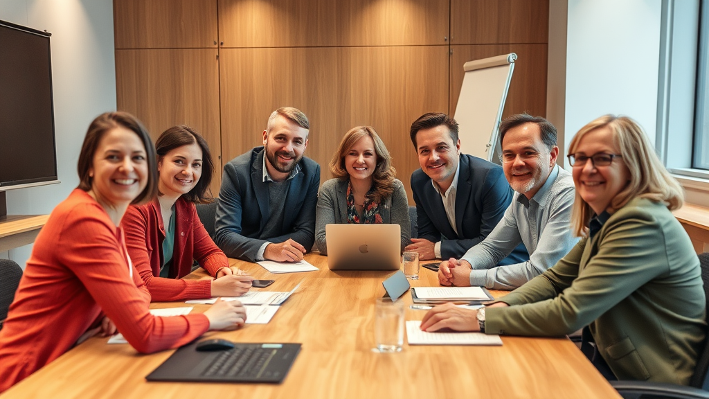 Ein Team von Fachleuten bei einer Schulung zur Barrierefreiheit, mit Präsentationen über WCAG-Richtlinien und praktischen Übungen zur Webseitenoptimierung.