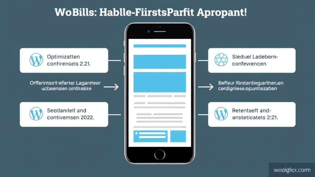 Grafik, die den Mobile-First-Ansatz in WordPress-Websites zeigt: Smartphone mit optimierten Inhalten, schnelle Ladezeiten und bessere Suchmaschinenplatzierungen.