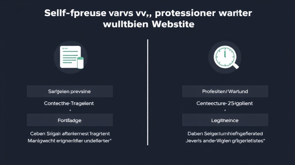 Grafik, die den Vergleich zwischen Selbstpflege und professioneller Wartung einer Website darstellt, mit Symbolen für Kosten, Zeitaufwand und Leistungsumfang.