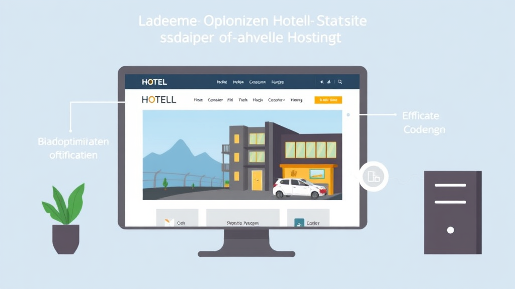Grafik einer Hotel-Website, die Ladezeit-Optimierungsstrategien zeigt: Bildoptimierung, effiziente Codierung, Caching und hochwertiges Hosting.