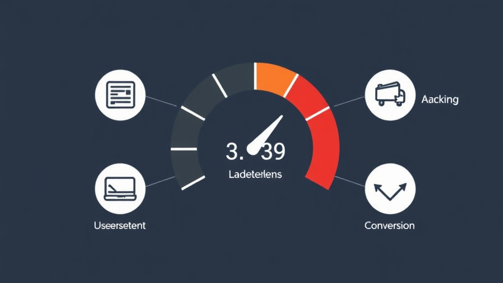 Grafik eines Ladebalkens, der eine schnelle Ladezeit einer Website anzeigt, umgeben von Symbolen für Benutzererfahrung, Suchmaschinenranking und Konversion.
