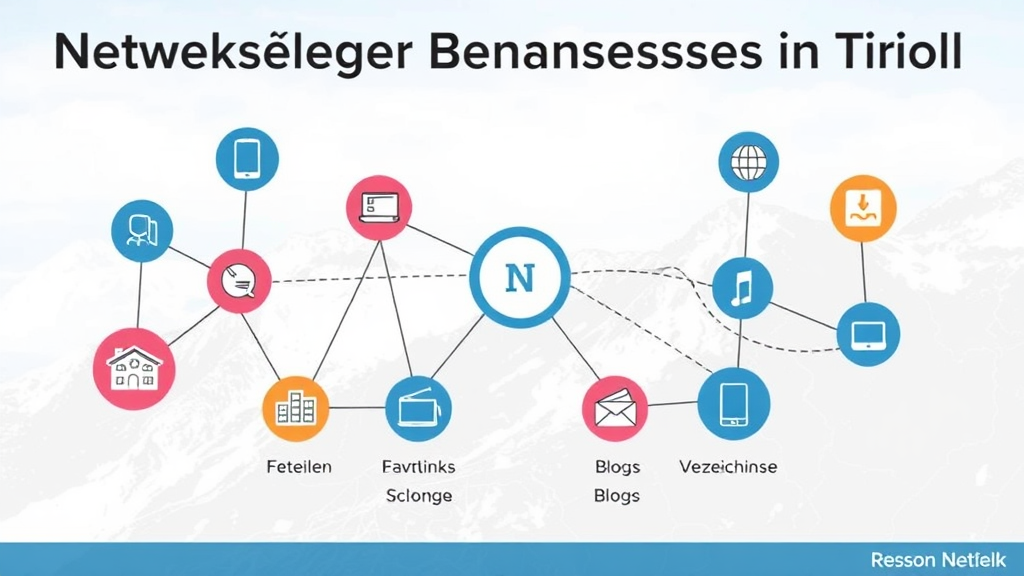 Grafik eines Netzwerks lokaler Unternehmen in Tirol mit Pfeilen, die gegenseitige Backlinks symbolisieren sowie Icons für Veranstaltungen, Blogs und Verzeichnisse.